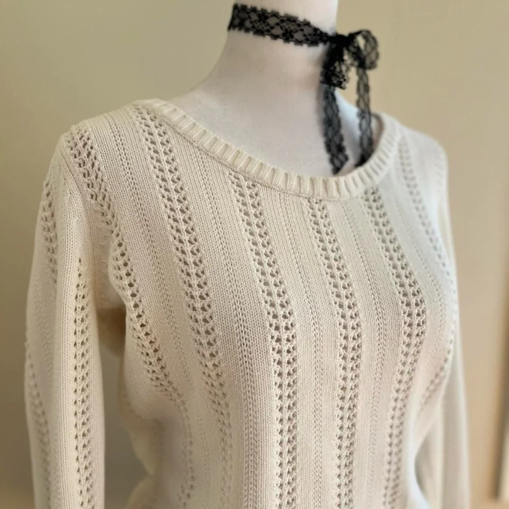 Coquette White Pointelle Crochet Knit Sweater Top Girly Lolita Lace Preppy M - Picture 6 of 10